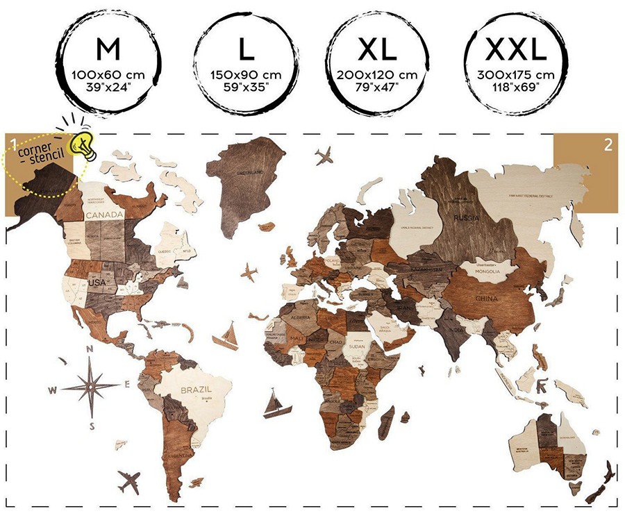 3D 벽 세계 지도 크기 XL